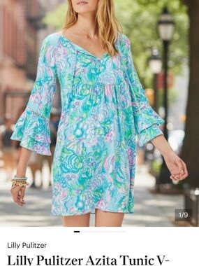 Lilly Pulitzer Aqua Floral Ruffle-Sleeve Mini Dress